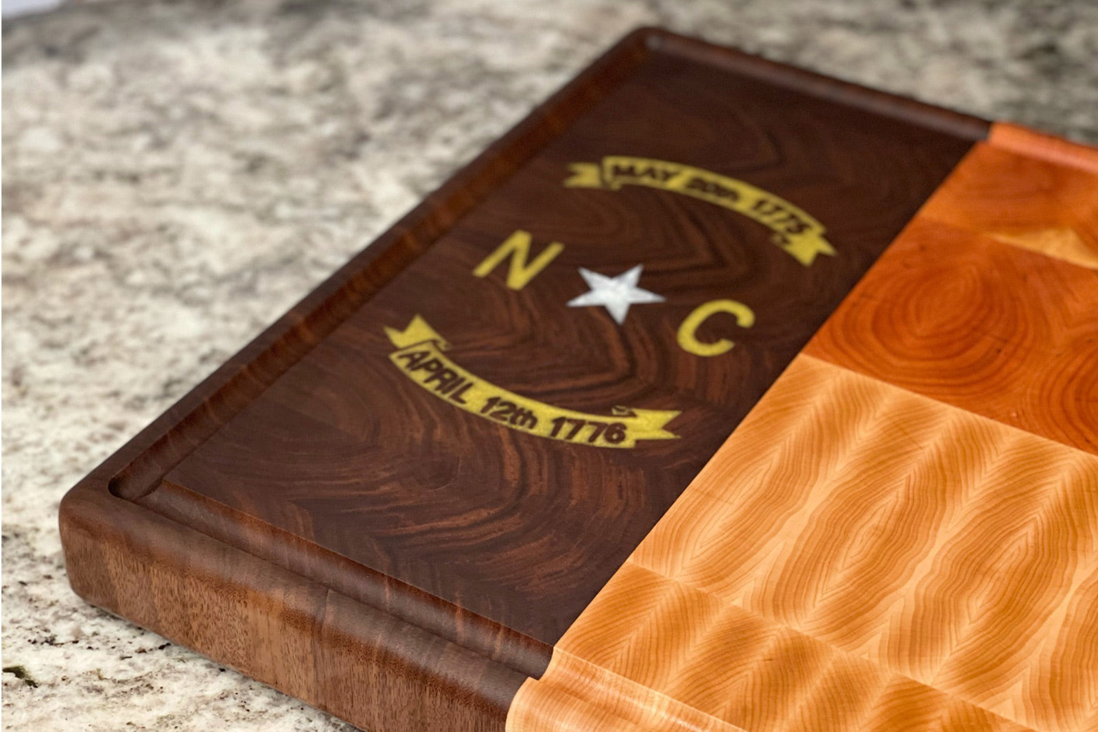 RoseWood Block & Co custom North Carolina flag cutting boards. North Carolina wood Cutting blocks handmade in the USA. Custom North Carolina cutting board. NC flag wood cutting block